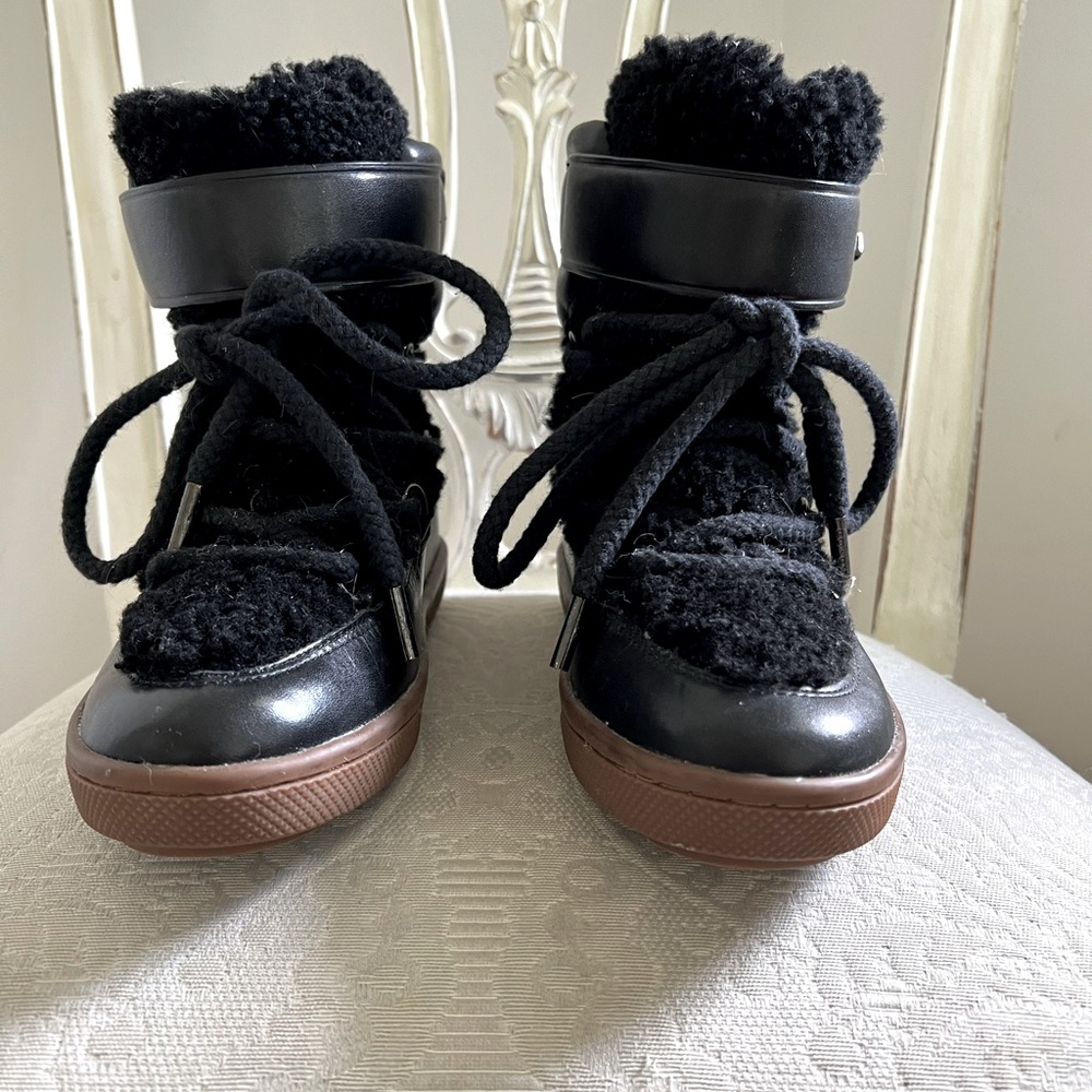 Leather & Fabric Coach Ankle Boots with hidden wedge at Heel 3” , Front 3/4 “